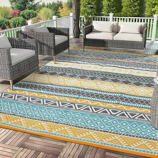 GAOMON Outdoor Plastic Straw Rug, 10'x14' Reversible Sage Green Patio Mat, Flower Modern Design for RV, Backyard, Deck, Camping, Picnic, Teal/Yellow(Bohemia)-Ruum Studio Home