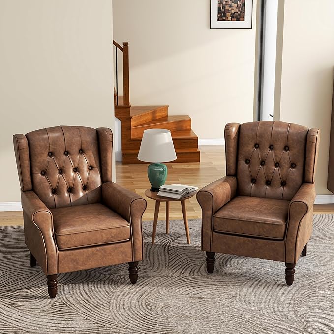 UIXE Faux Leather Accent Chairs Set of 2, High Back Upholstered Armchair for Living Room, Wingback Tufted Arm Chair Comfy Single Sofa Bedroom Reading Seat with Solid Wood Legs - Brown-Ruum Studio Home