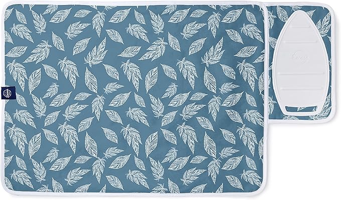 Encasa XO Ironing Mat/Pad (Small 28"x20") with 3mm Padding & Silicone Iron Rest for Steam Pressing on Tabletop or Bed - Heat Resistant, Portable, Quilting & Travel Blanket - Big Leaves Blue-Ruum Studio Home