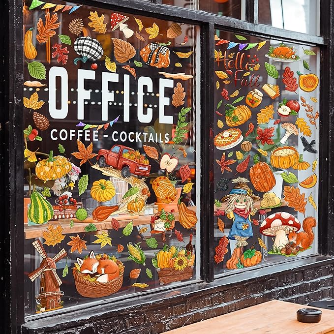 Fall Window Clings Decorations - Leaves Pumpkin Scarecrow Autumn Clings for Glass Windows, Double Sided Reusable Window Stickers, Cute Large Thanksgiving Harvest Window Decals-184 PCS/9 Sheet-Ruum Studio Home
