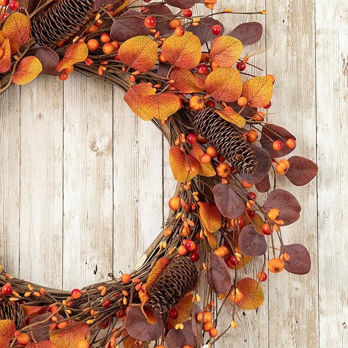 Glitzhome 22" D Fall Eucalyptus Berry Wreath, Artificial Wreaths Rustic Hanging Ornaments for Fall Front Door Wall Decor-Ruum Studio Home