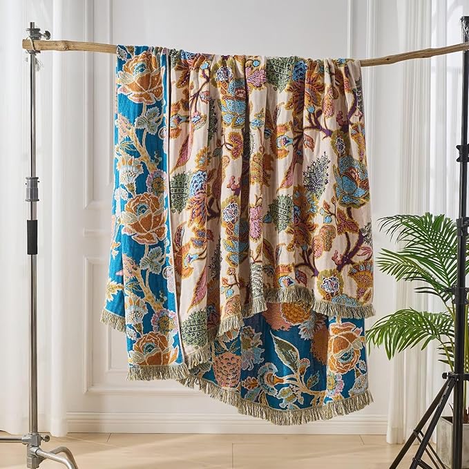 Boho Throw Blanket for Bed, Lightweight Reversible Summer Quilt, Cotton Blanket, Queen Size Boho Floral Bird Colorful Retro Quilt Ultra Soft Reversible Gauze Blanket for All Season, 80"x90"-Ruum Studio Home