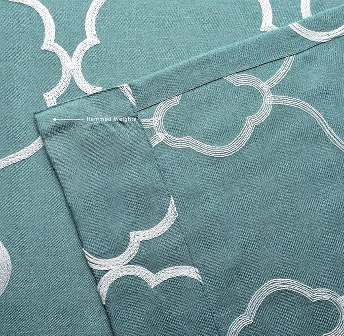 MIUCO Moroccan Embroidered Semi Sheer Curtains Faux Linen Grommet Window Panel Pair for Bedroom 52 x 63 Inch, Teal-Ruum Studio Home