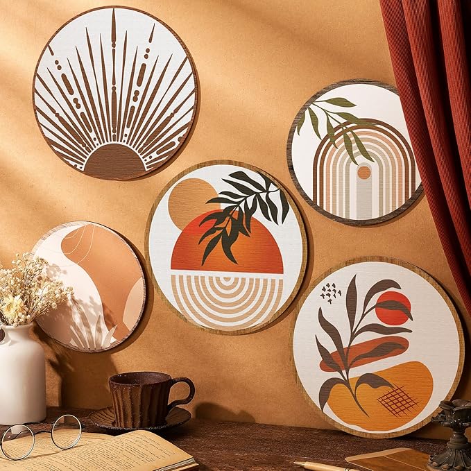 Qunclay 5 Pcs Wall Art Decor Wooden Living Room Wall Decor Bohemian Hanging Farmhouse Geometric 10'' and 8'' Aesthetic Wood Minimalist Posters for Bedroom(Boho)-Ruum Studio Home