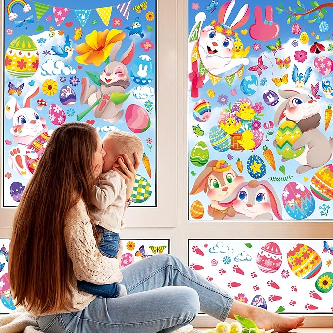 Large Easter Window Clings - Bunny Window Stickers Decals for Glass Windows, Cute Easter Egg Double Sided Reusable Window Holiday Decorations, Bird Office Spring Patry Decor, 9Sheet/121PCS-Ruum Studio Home