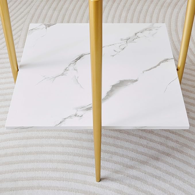 Square Glass End Table, Mid-Century Modern Design Sofa Table, for Living Room, L18 x W18 x H23, Clear Glass Top and White Marble MDF Shelf, Sleek Conical Metal Legs with Gold Finish-Ruum Studio Home