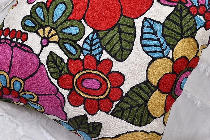 Floral Pillow Cover Handembroidered Wool 18x18 (Retro Floral Pillow Cover)-Ruum Studio Home