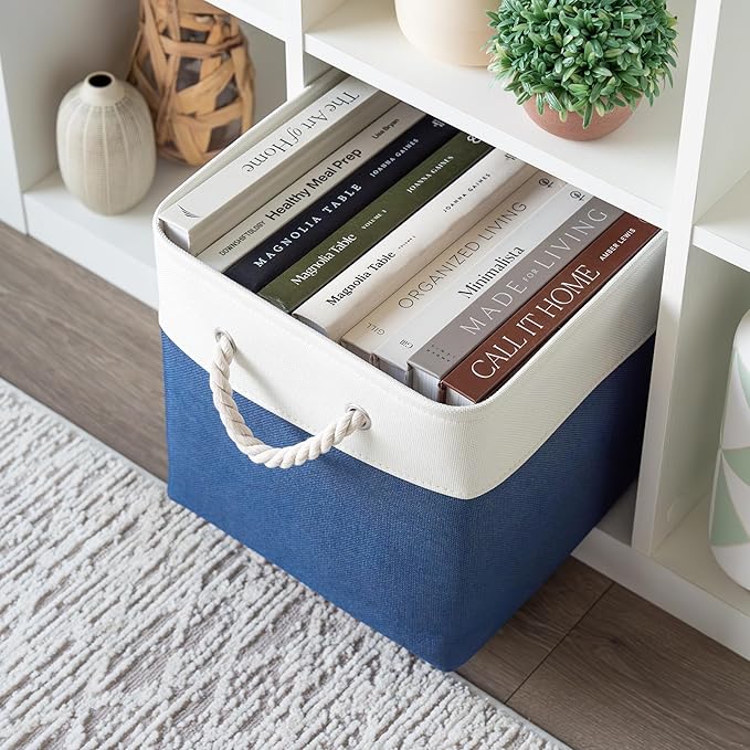 OrganiHaus 12x12 Cube Storage Bins 4 Pack, Foldable Cube Storage Organizer w/ Rope Handles, Collapsible Fabric Bins for Toys, Clothes & Closet Organization, Fabric Square Baskets - Navy Blue-Ruum Studio Home