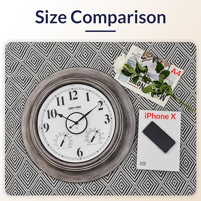 Andy Star 21 Inch Large Luminous Outdoor Wall Clock and Temperature for Patio, Pool, Oversized Round Wall Clocks Waterproof, Vintage Brushed Gray Oak Wooden Finish Silent Non Ticking-Ruum Studio Home