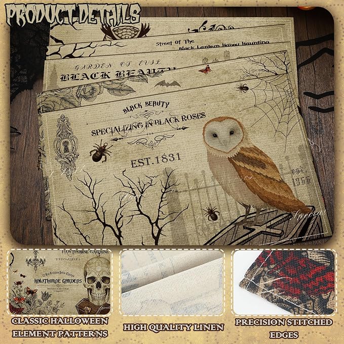 Umigy 6 Pcs Halloween Placemats 12"x18" Gothic Bat Placemats Kitchen Decoration Washable Witch Place Mats Rectangle Skull Table Mats for Halloween Dining Table Accessories(Poster Style)-Ruum Studio Home