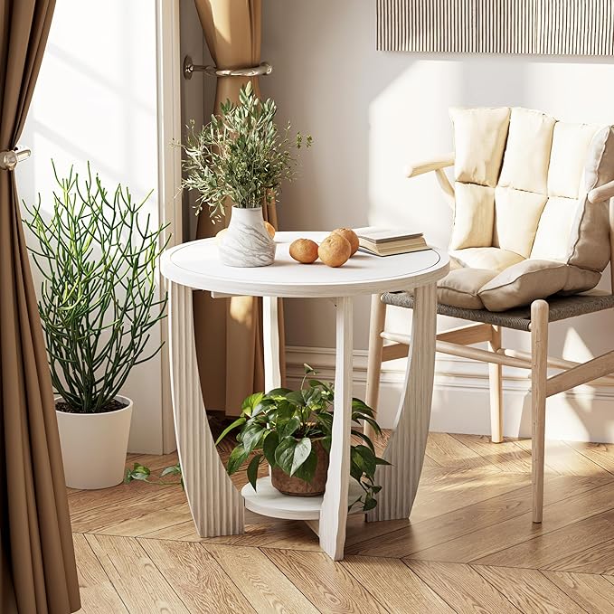 Rustic Farmhouse end Table with Storage Shelf, French Country Accent Side Table for Family, Dinning or Living Room, Small Spaces, Modern, Round, White-Ruum Studio Home