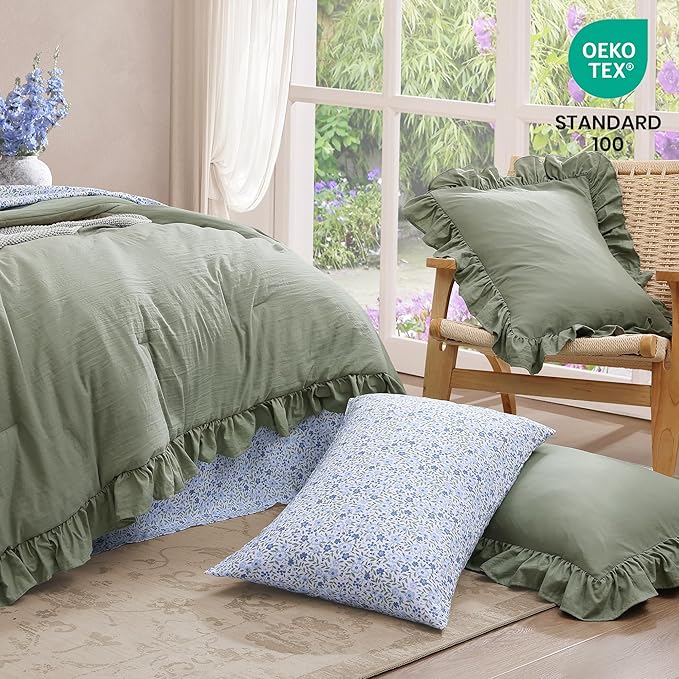 Full Comforter Set - 7 Pieces Ruffle Sage Green Bedding Sets, Shabby Chic Farmhouse Bed in a Bag Full with Ruffle Comforter, Floral Sheets, Pillowcases & Shams-Ruum Studio Home