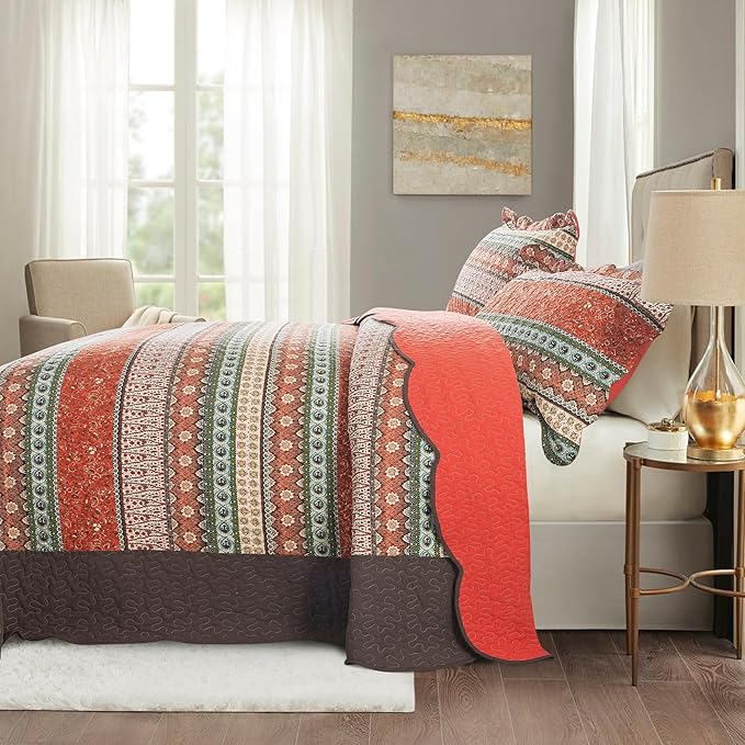 NEWLAKE Cotton Bedspread Quilt Sets - Reversible Patchwork Coverlet Set, Red Striped Jacquard Pattern, Oversized King Size-Ruum Studio Home