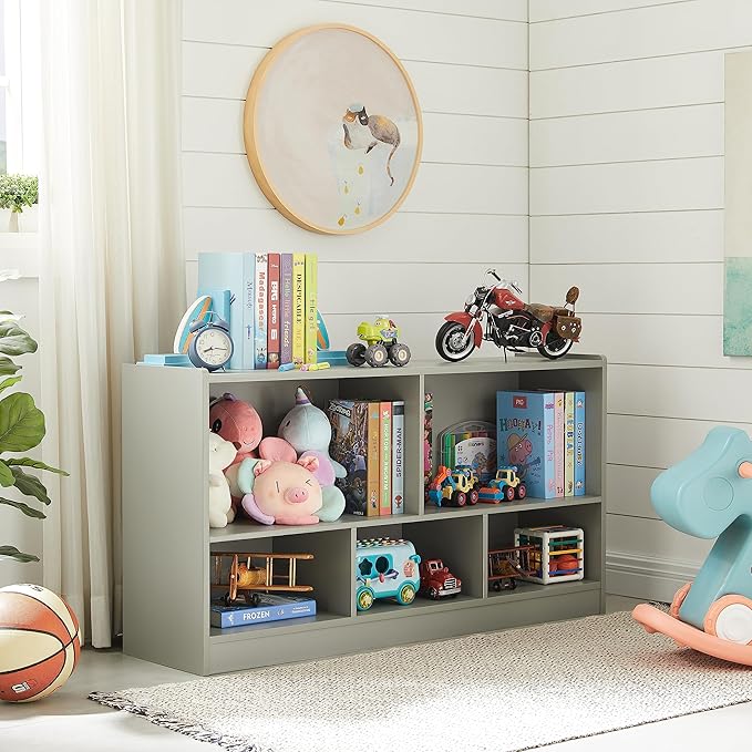 Toy Organizers and Storage, 5-Section Kids Bookshelf for Organizing Books Toys, School Classroom Wooden Storage Cabinet for Children's Room, Playroom, Nursery (Grey)-Ruum Studio Home