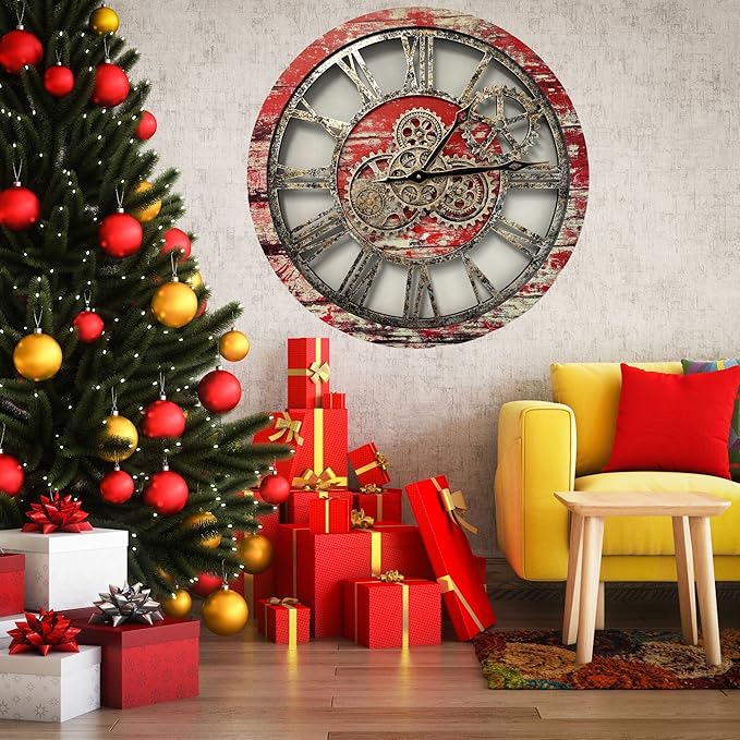 The Gears Clock The Original Real Moving Gear Wall Clock Vintage Industrial Oversized Rustic Farmhouse (24 inch (60cm),Red Lava)-Ruum Studio Home
