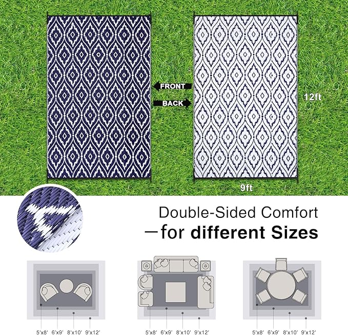 OLANLY Outdoor Rug 9x12 ft Waterproof, Outdoor Plastic Straw Rug with Geometric Pattern Clearance, Reversible RV Mat for Patio, Camping, Balcony, Deck, Backyard, Navy & White-Ruum Studio Home