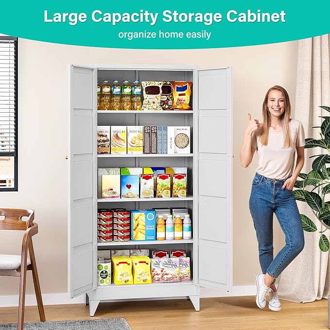 Metal Storages Cabinet with 2 Doors and 5 Shelves,Tall Storage Cabinet,Large Cupboard Closet,Pantry Storage Cabinet for Home,Office,Bathroom,Dining/Living Room (White, 71" H)-Ruum Studio Home