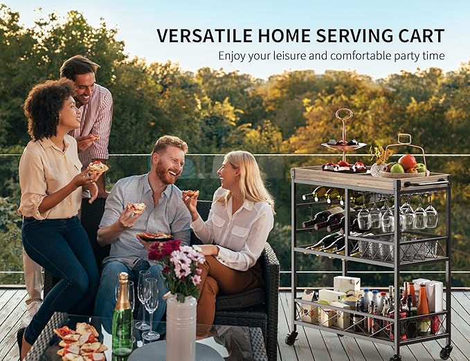 Gizoon Rolling Bar Cart, a Versatile Beverage Cart with a Removable Tray, 12-Bottle Wine Rack, and Glass Holder, The Bar Cart is Perfect for Kitchen, Dining Room, or Outdoor Use (Gray)-Ruum Studio Home