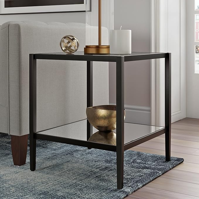 Henn&Hart 20" Wide Square Side Table with Mirror Shelf in Blackened Bronze, Table for Living Room, Bedroom-Ruum Studio Home