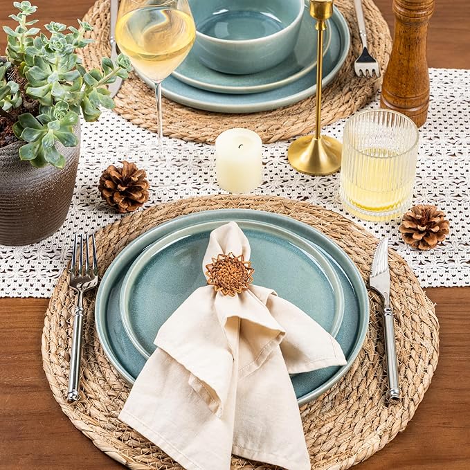 GBHOME Ceramic Dinnerware Sets for 4, 12 Pieces Stoneware Plates and Bowls Sets, Scratch Resistant Dishes, Dishwasher & Microwave Safe, Reactive Glaze-Malachite Green-Ruum Studio Home