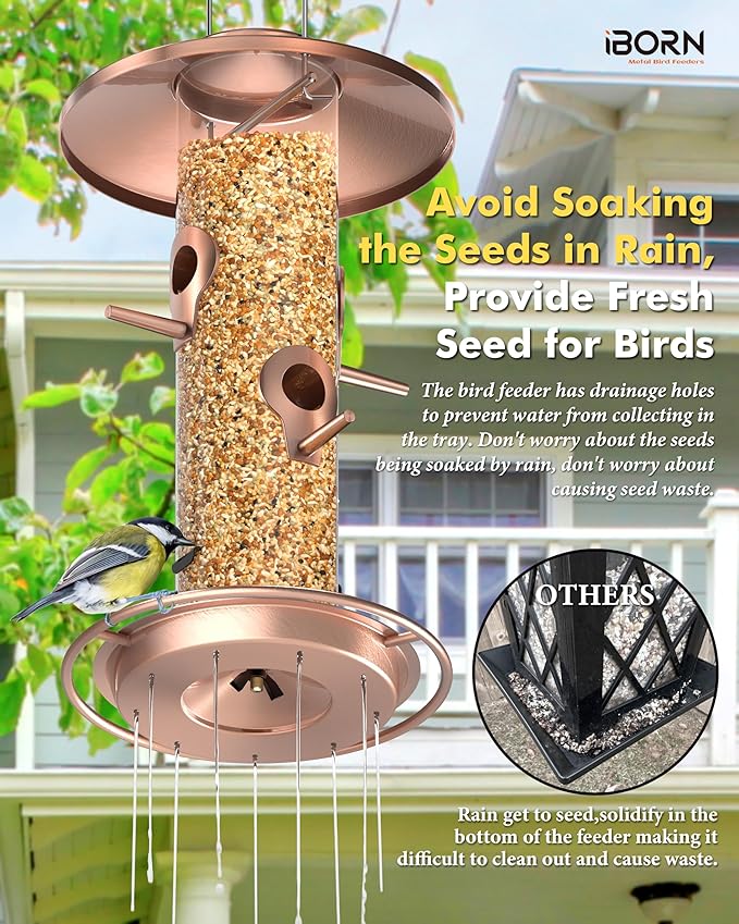 iBorn Bird Feeders for Outdoors, 2LB Metal Bird Feeders 17cm Large Roof &Tray, 4 Feeding Ports, Brushed Copper Finishing-Ruum Studio Home