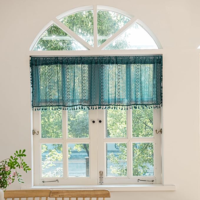 Sutuo Home Boho Valance Curtains for Kitchen Crochet Lace Sheer Bohemian Hollow Knitted with Tassels, Privacy Vintage Rustic Farmhouse Drapes, Rod Pocket 1 Panel 59" W x 18" L, Turquoise-Ruum Studio Home