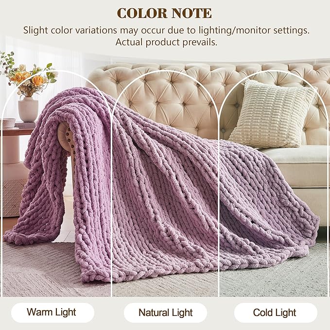 Carriediosa Chunky Knit Throw Blanket 60" X 80" Twin, 100% Hand Made Large Chenille Loop Yarn Soft Fluffy Throws for Couch Sofa Bed, Big Crochet Cozy Heavy Thick Cable Woven Blankets, Purple-Ruum Studio Home
