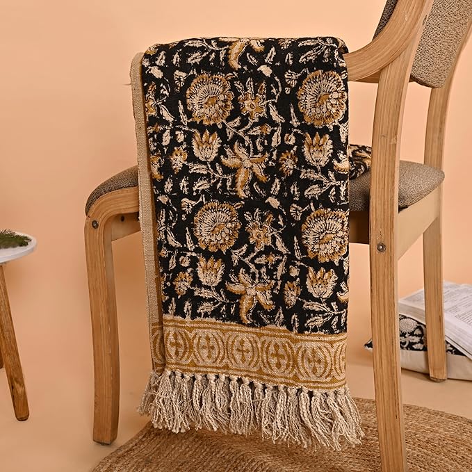 Bohemian Floral Cotton Throw Blanket with Tassels | 48x70 Inch Handblock Printed Sofa Throw | Black & Gold Decorative Bed Cover | Lightweight Couch Throw for Living Room & Bedroom-Ruum Studio Home