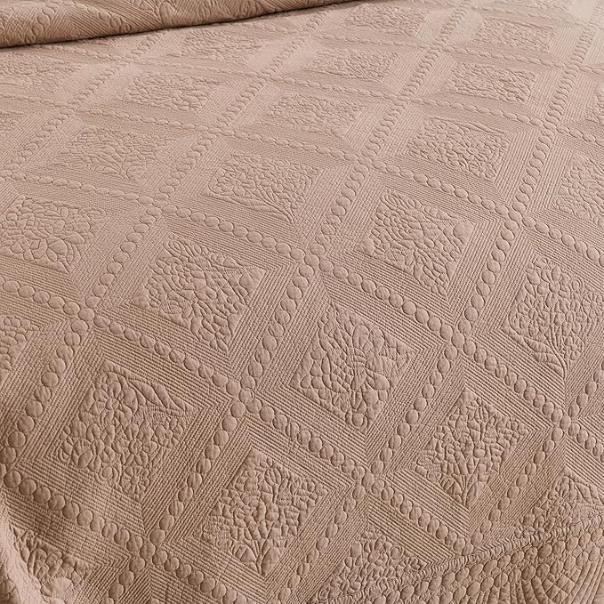 MarCielo 3-Piece 100% Cotton Oversized Bedspread Lightweight Quilt Coverlet Embroidery Farmhouse Bedding Set (TK Pale Taupe Camel, Oversized King (118"x106"))-Ruum Studio Home