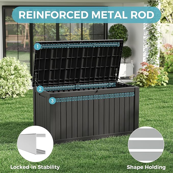 KAMABOKO Outdoor Storage Box, 150 Gallon Large Outdoor Resin Deck Box, Storage Waterproof Boxes Lockable Lid for Garden Tools, Pool Supplies, Patio Furniture and Cushions, Black-Ruum Studio Home