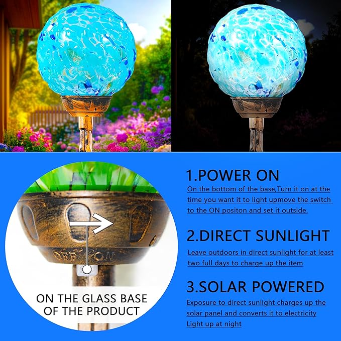 Garden Solar Lights, Decorative LED Honeycomb Glass Ball Garden Stake, Glass and Metal Outdoor Decoration, 4 x 31 Inch (Light Blue)-Ruum Studio Home