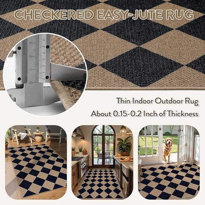 Lahome Checkered Easy Jute Entry Rug, 3x5 Black Outdoor Patio Rug for Living Room Farmhouse Neutral Carpet, Washable Non Slip Indoor Door Mat Diamond Carpet for Front Door Deck Camping-Ruum Studio Home