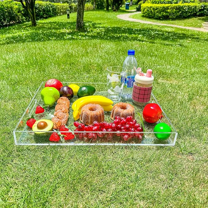 Clear Rectangular 14x20 Inches Acrylic Ottoman Tray Decorative Serving Tray with Cutout Handles Organizer Tray on Coffee Table Countertop Big Breakfast Bed Tray Living Room Appetizer Serving Food-Ruum Studio Home