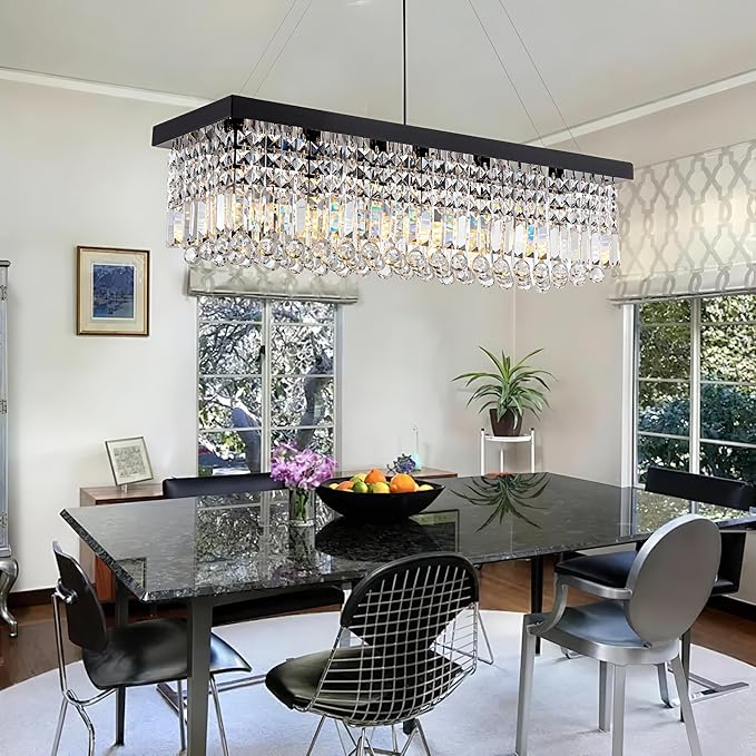 8 Light Modern Crystal Chandelier for Dining Room,Rectangular Rectangle Raindrop Crystal Light Fixture,Height Adjustable for Kitchen Island L40''xW10''xH10''-Ruum Studio Home