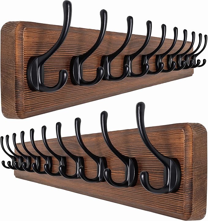SKOLOO Rustic Wall Mounted Coat Rack, Case of 2, Pine Solid Wood Coat Hook Hanger - 10 Hooks for Hanging Clothes Robes Towels Coats-Ruum Studio Home