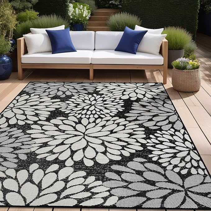 Beverly Rug Outdoor Rug 5x7 Modern Exotic Tropical Leaf Area Rugs for Indoor and Outdoor Patio Deck Porch Garden Water Resistant Washable Outside Carpet (5 x 7 Dark Gray)-Ruum Studio Home