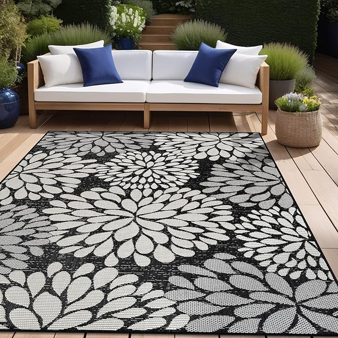 Beverly Rug Outdoor Rug 9x12 Modern Exotic Tropical Leaf Area Rugs for Indoor and Outdoor Patio Deck Porch Garden Water Resistant Washable Outside Carpet (9 x 12 Dark Gray)-Ruum Studio Home