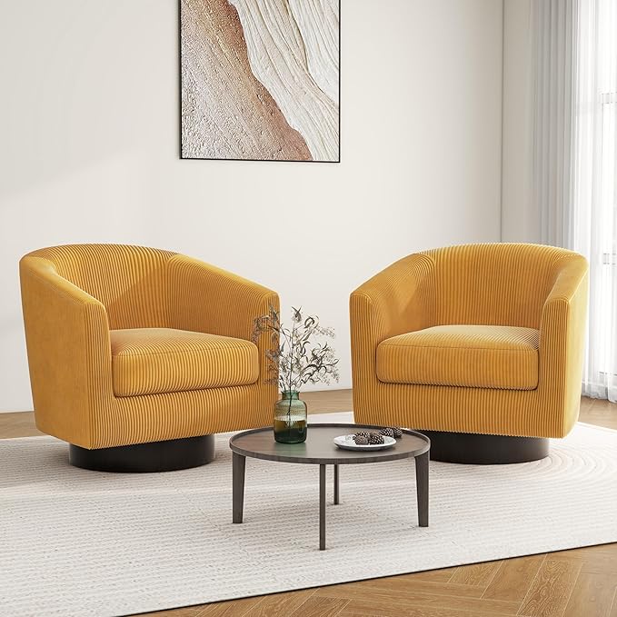 Swivel Barrel Accent Chair, Modern Round Corduroy Fabric Arm Chair for Living Room, Bedroom, Comfy Club Reading Chairs for Adults (Corduroy Orange, Set of 1)-Ruum Studio Home