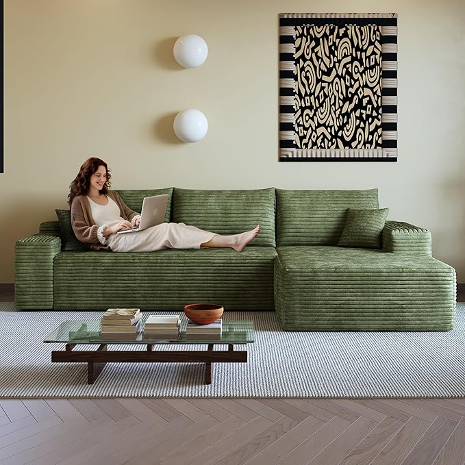 108" Sectional Couches for Living Room Modern Modular Sofa with L-Shape Couchs Upholstered Boneless Couch Deep Seat Sectional Couch with Chaise (Green, Right Facing Chaise+2Seaters)-Ruum Studio Home
