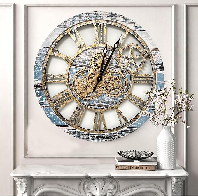 The Original Real Moving Gear Wall Clock Vintage Industrial Oversized Rustic Farmhouse (24 inch (60cm), Vintage Aqua Green and Bronze)-Ruum Studio Home