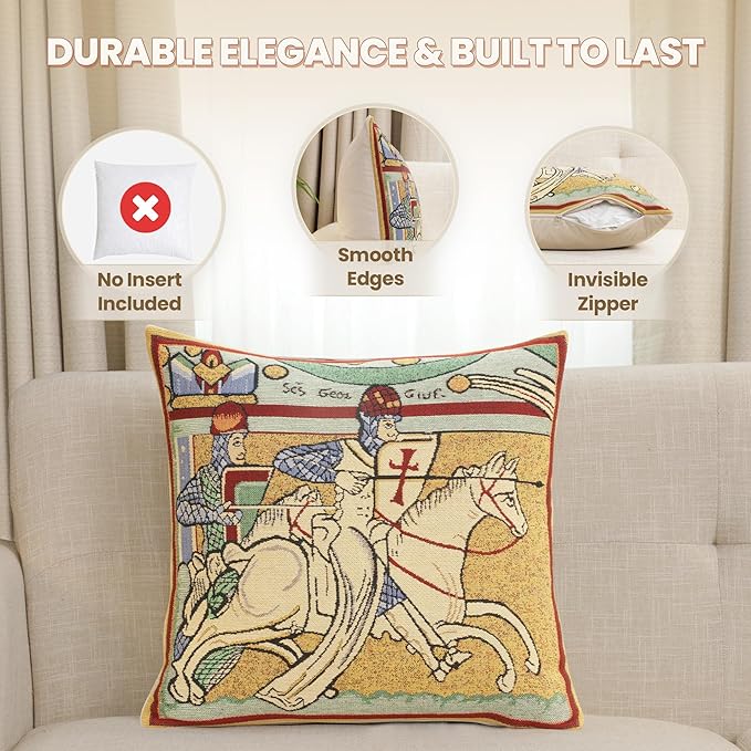 Charlotte Home Furnishings Chevaliers de St.Gregoire Throw Pillow Cover 16" x 16" – Medieval Knight Tapestry Cushion Case for Sofa, Couch, & Bed | Cotton Jacquard Woven in Europe | Insert Not Included-Ruum Studio Home