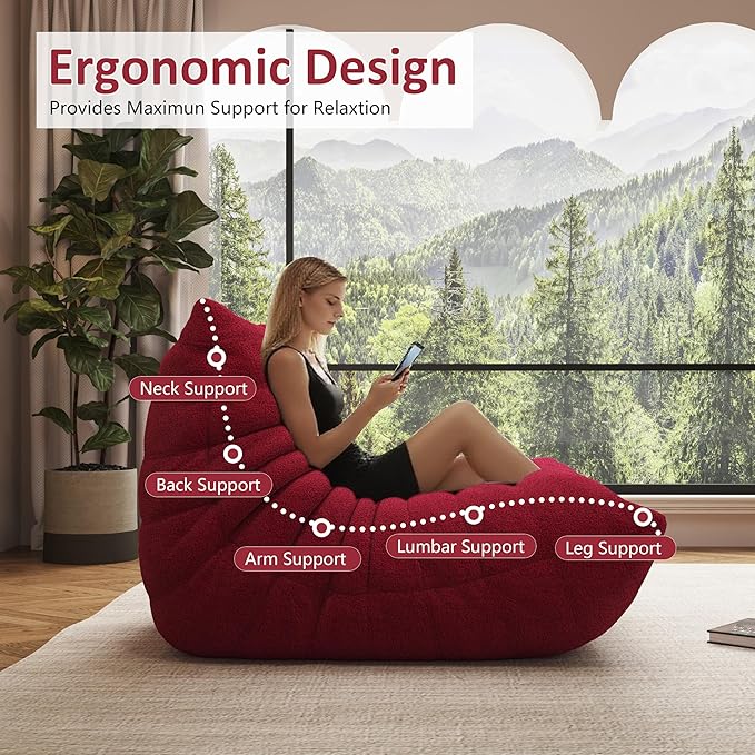 Bean Bag Chair, Oversized Bean Bag Chair for Living Room, Fireside Chair for Adults with Memory Foam Filled, Big Accent Sofa Lounge Floor Sofa for Gaming, Reading, No Assembly Required. (Burgundy)-Ruum Studio Home