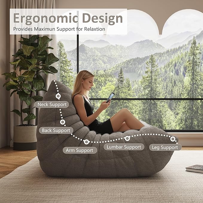 Bean Bag Chair, Oversized Bean Bag Chair for Living Room, Fireside Chair for Adults with Memory Foam Filled, Big Accent Lounge Floor Sofa for Reading, Relax, No Assembly Required. (Grey 3-Seater)-Ruum Studio Home
