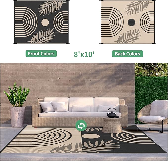 GENIMO Outdoor Rug 8' x 10' Waterproof for Patio Clearance, Reversible Lightweight Plastic Straw Camping Carpet, Large Area Rugs Mats for Rv, Backyard, Deck, Porch, Picnic, Balcony, Mix-Black & Beige-Ruum Studio Home