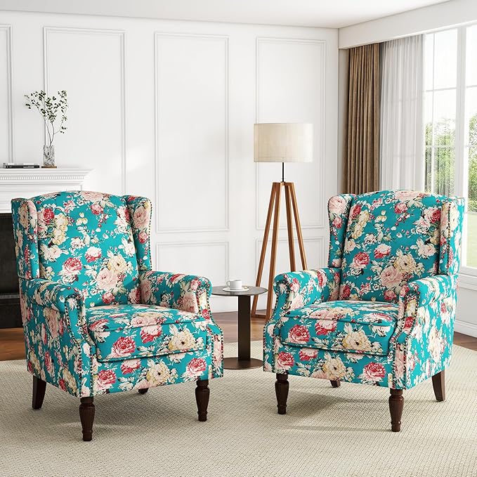 UIXE High Back Floral Accent Chairs Set of 2, Upholstered Armchair in Fabric, Retro Printed Wingback Arm Chair for Living Room, Nailhead Trim Single Sofa Bedroom Reading Seat - Peacock Blue-Ruum Studio Home