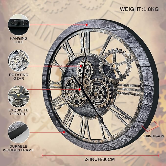 The B-Style Large Wall Clock 24 inch Moving Gear Wall Clock Oversized Vintage Farmhouse Wall Clocks for Living Room Decor Rustic Industrial Wood Clock (Carbon Gray, 36 inch/90cm)-Ruum Studio Home