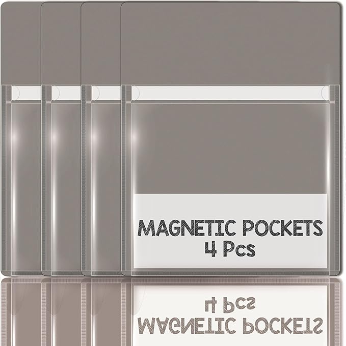 Magnetic Pocket 4 Pack – Self-Adhesive Magnetic Storage Pouch for Documents, Notes & Tools, Strong Magnet Backing for Fridge, Whiteboards, and Metal Surfaces (Gray 4Pcs)-Ruum Studio Home