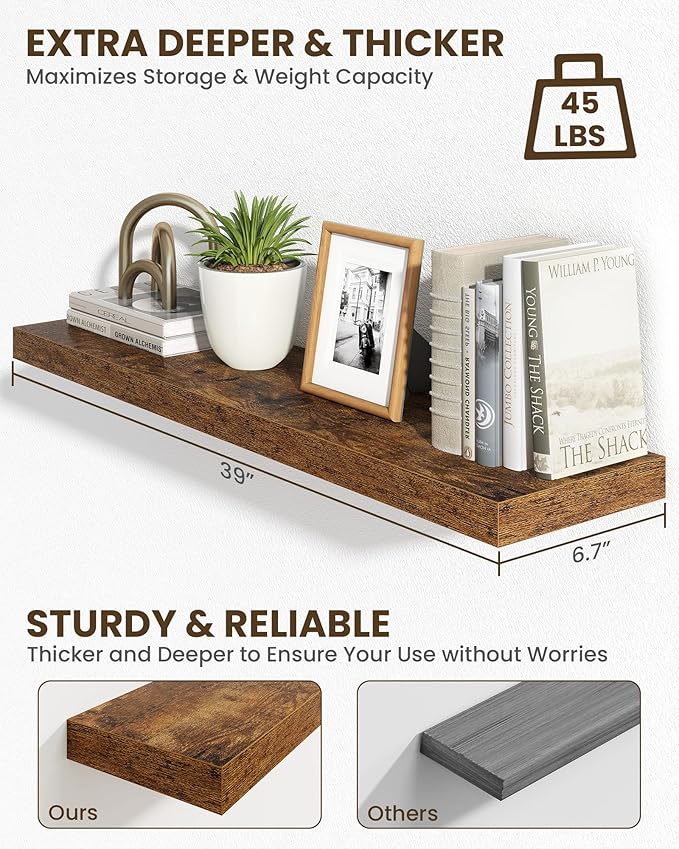 Marsmiles 39" Floating Shelves for Wall, Wooden Shelves with Invisible Brackets Set of 2, Rustic Farmhouse Wall Mounted Shelf for Kitchen Bathroom Living Room Study, Rustic Brown-Ruum Studio Home