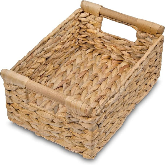 VATIMA Hyacinth Small Wicker Basket 11.6x8.1x4.9" - Bathroom Organizer, Wooden Handle, Decorative Storage-Ruum Studio Home