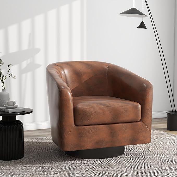 Swivel Barrel Accent Chair, Modern Round Faux Leather Arm Chair for Living Room, Bedroom, Comfy Club Reading Chairs for Adults(Faux Leather, Coffee, Set of 2)-Ruum Studio Home